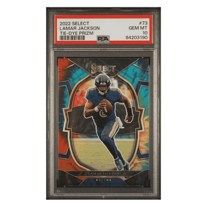 Lamar Jackson PSA 10 2022 Panini Select Tie-Dye Prizm #d/ 25 Card #73