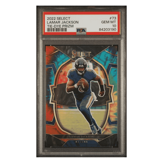 Lamar Jackson PSA 10 2022 Panini Select Tie-Dye Prizm #d/ 25 Card #73