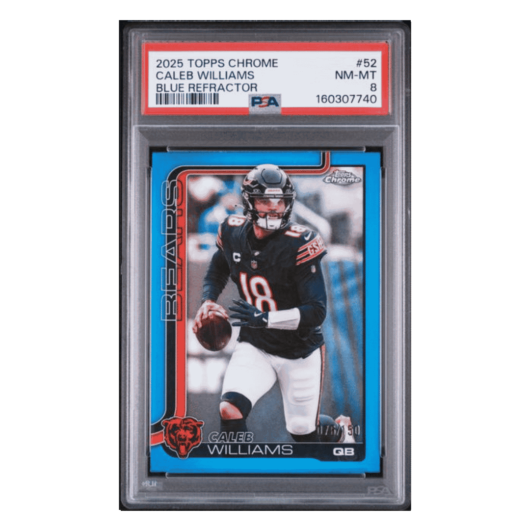 Caleb Williams PSA 8 2025 Topps Chrome Blue Refractor #d/ 150 Card #52