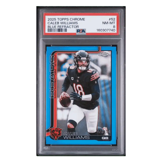 Caleb Williams PSA 8 2025 Topps Chrome Blue Refractor #d/ 150 Card #52