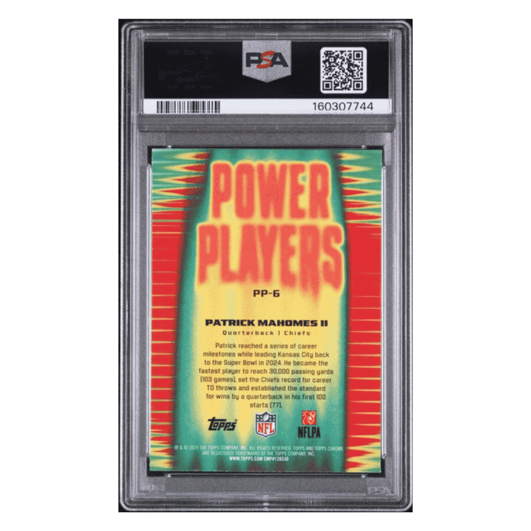 Patrick Mahomes PSA 8 2025 Topps Chrome Power Players Yellow Refractor #d/ 275 Card #6