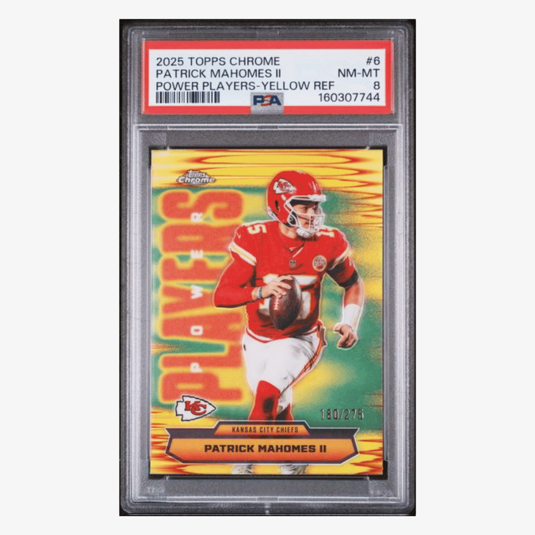 Patrick Mahomes PSA 8 2025 Topps Chrome Power Players Yellow Refractor #d/ 275 Card #6