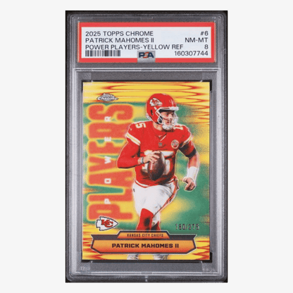 Patrick Mahomes PSA 8 2025 Topps Chrome Power Players Yellow Refractor #d/ 275 Card #6