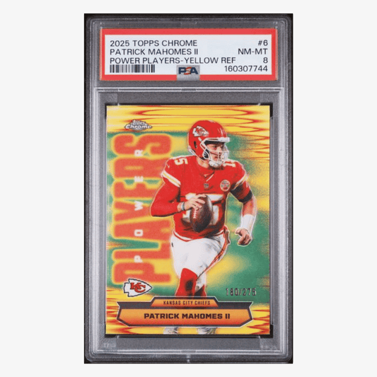 Patrick Mahomes PSA 8 2025 Topps Chrome Power Players Yellow Refractor #d/ 275 Card #6