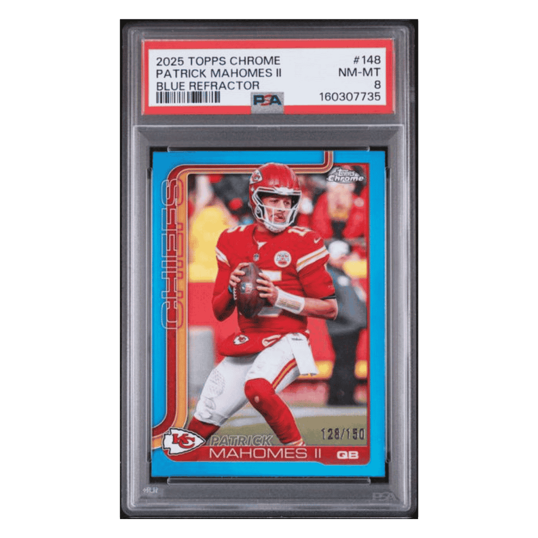 Patrick Mahomes PSA 8 2025 Topps Chrome Blue Refractor #d/ 150 Card #148