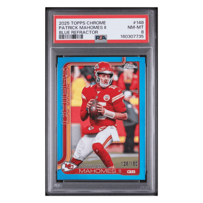 Patrick Mahomes PSA 8 2025 Topps Chrome Blue Refractor #d/ 150 Card #148