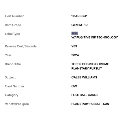 Caleb Williams PSA 10 2024 Topps Cosmic Chrome Planetary Pursuit Sun Case Hit Card #CW
