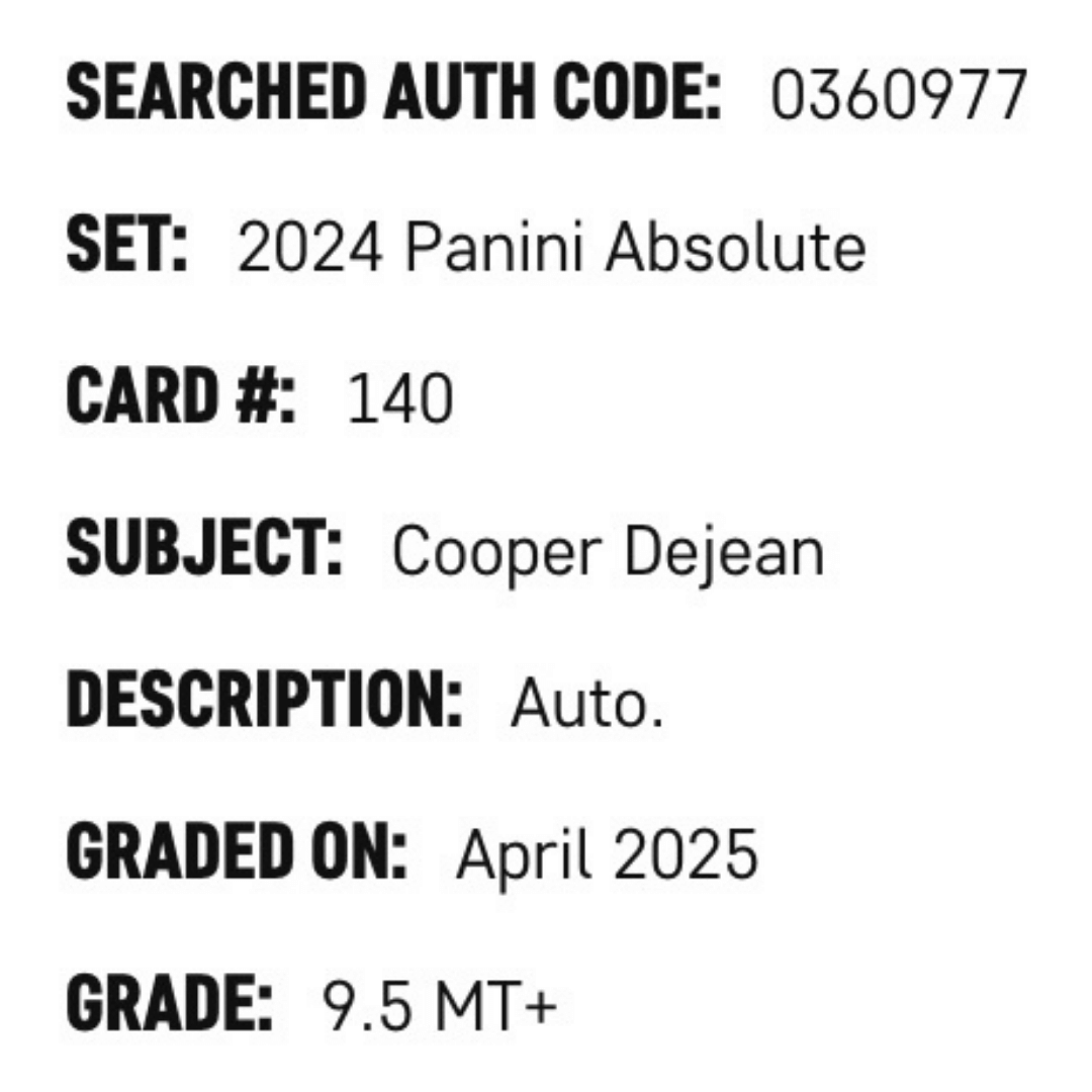 Cooper DeJean SGC 9.5 2024 Panini Absolute Autographed Card #140