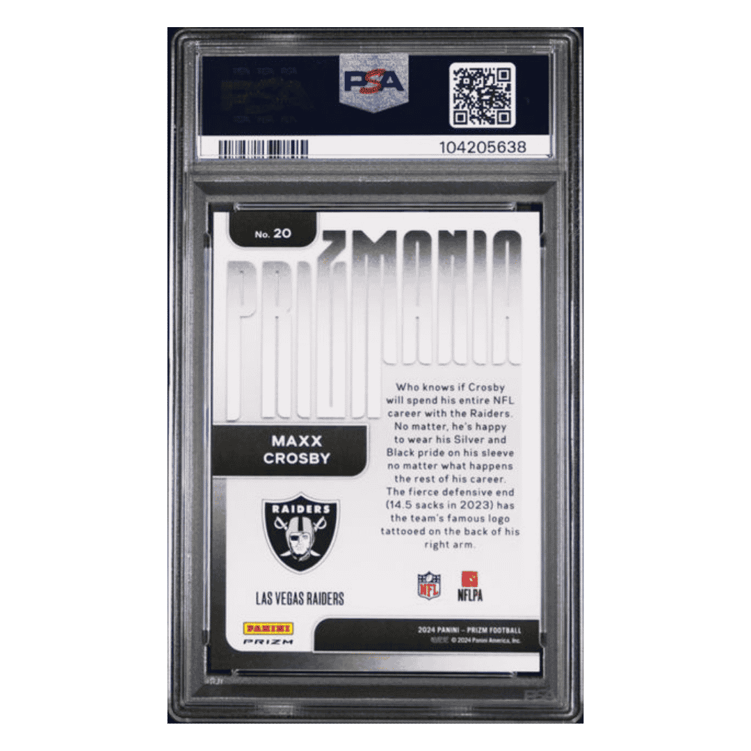 Maxx Crosby PSA 10 2024 Panini Prizm Prizmania Case Hit Card #20