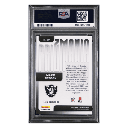 Maxx Crosby PSA 10 2024 Panini Prizm Prizmania Case Hit Card #20