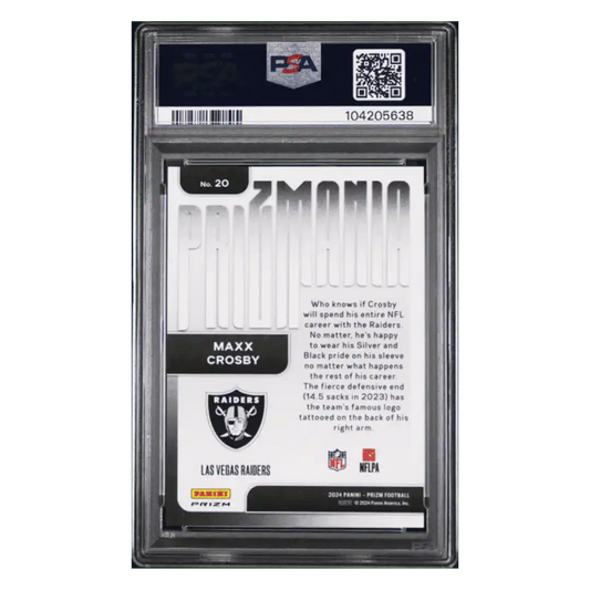 Maxx Crosby PSA 10 2024 Panini Prizm Prizmania Case Hit Card #20