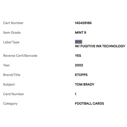 Tom Brady PSA 9 2002 eTopps Card #1