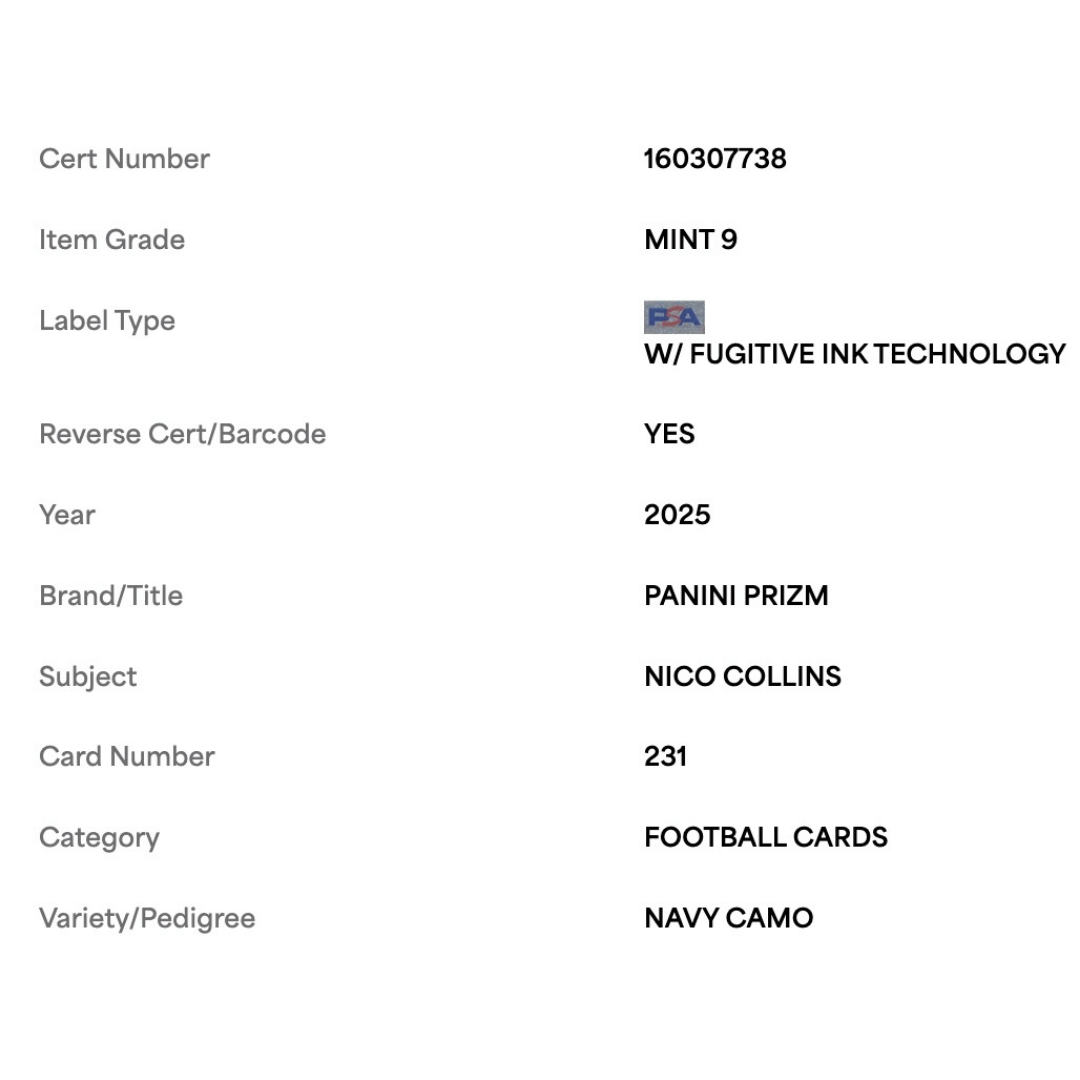 Nico Collins PSA 9 2025 Panini Prizm Navy Camo #d/ 25 Card #231