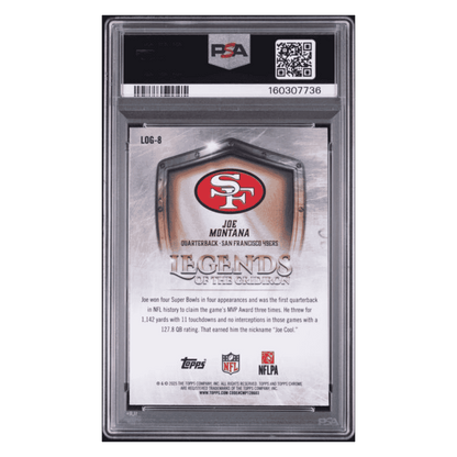 Joe Montana PSA 8 2025 Topps Chrome Legends of the Gridiron Aqua Refractor #d/ 199 Card #8