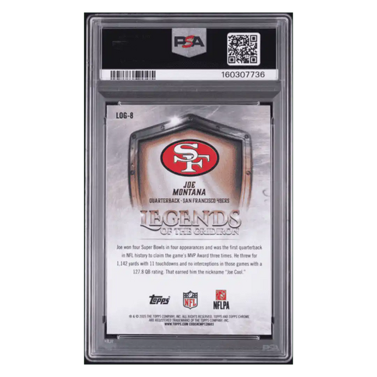 Joe Montana PSA 8 2025 Topps Chrome Legends of the Gridiron Aqua Refractor #d/ 199 Card #8
