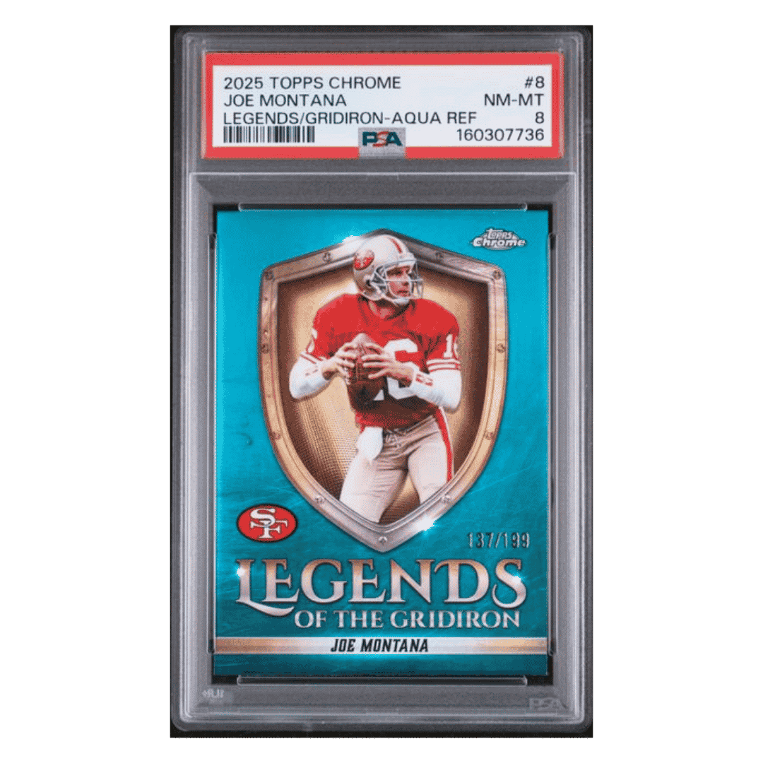 Joe Montana PSA 8 2025 Topps Chrome Legends of the Gridiron Aqua Refractor #d/ 199 Card #8