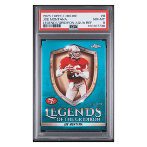 Joe Montana PSA 8 2025 Topps Chrome Legends of the Gridiron Aqua Refractor #d/ 199 Card #8