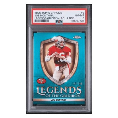 Joe Montana PSA 8 2025 Topps Chrome Legends of the Gridiron Aqua Refractor #d/ 199 Card #8