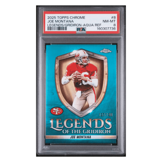 Joe Montana PSA 8 2025 Topps Chrome Legends of the Gridiron Aqua Refractor #d/ 199 Card #8