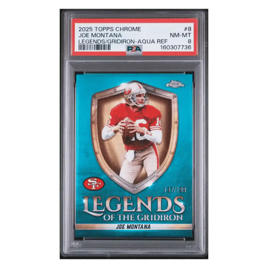 Joe Montana PSA 8 2025 Topps Chrome Legends of the Gridiron Aqua Refractor #d/ 199 Card #8