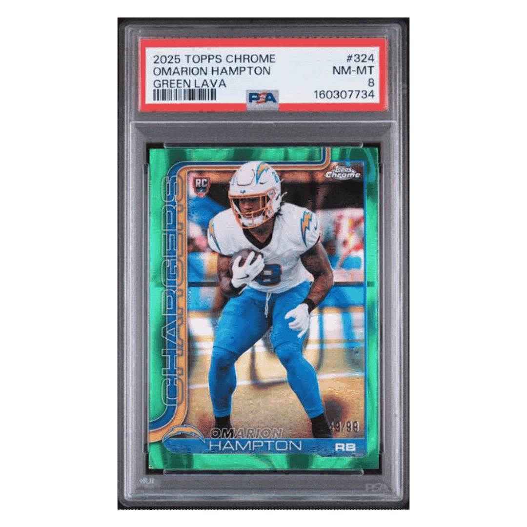 Omarion Hampton PSA 8 2025 Topps Chrome Green Lava Rookie RC #d/ 99 Card #324