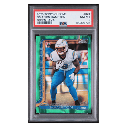 Omarion Hampton PSA 8 2025 Topps Chrome Green Lava Rookie RC #d/ 99 Card #324