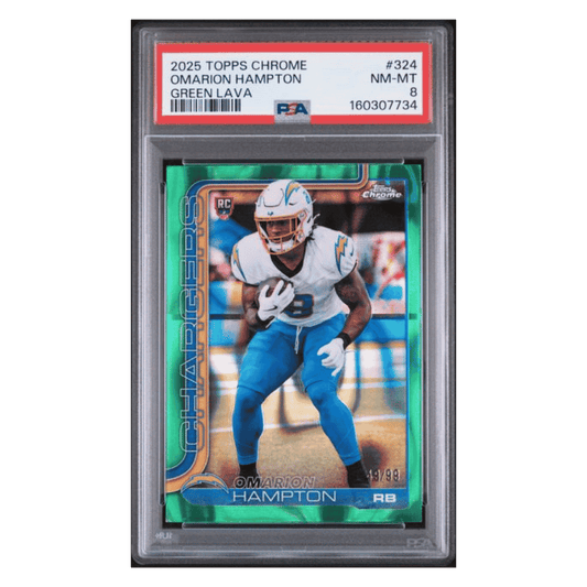 Omarion Hampton PSA 8 2025 Topps Chrome Green Lava Rookie RC #d/ 99 Card #324