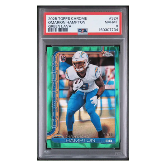 Omarion Hampton PSA 8 2025 Topps Chrome Green Lava Rookie RC #d/ 99 Card #324