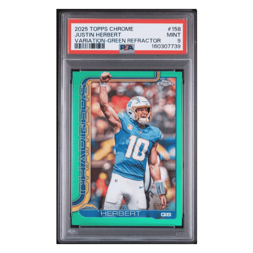 Justin Herbert PSA 9 2025 Topps Chrome Variation Green Refractor #d/ 99 Card #158