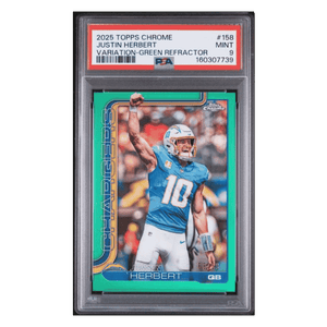 Justin Herbert PSA 9 2025 Topps Chrome Variation Green Refractor #d/ 99 Card #158