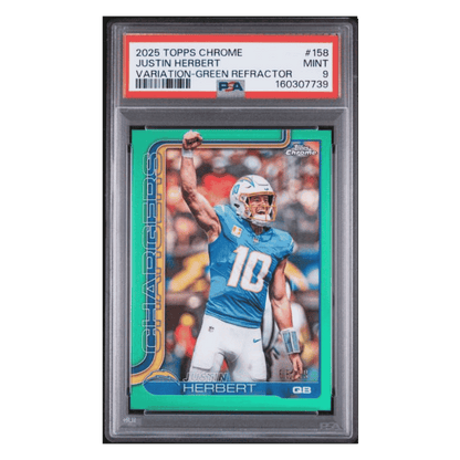 Justin Herbert PSA 9 2025 Topps Chrome Variation Green Refractor #d/ 99 Card #158