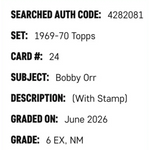 
Bobby Orr SGC 6 1969-70 Topps - With Stamp Card