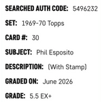 
Phil Esposito SGC 5.5 1969-70 Topps - With Stamp Card