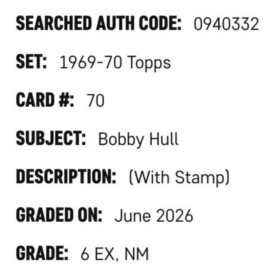 Bobby Hull SGC 6 1969-70 Topps - With Stamp Card #70