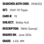 
Bobby Hull SGC 6 1969-70 Topps - With Stamp Card