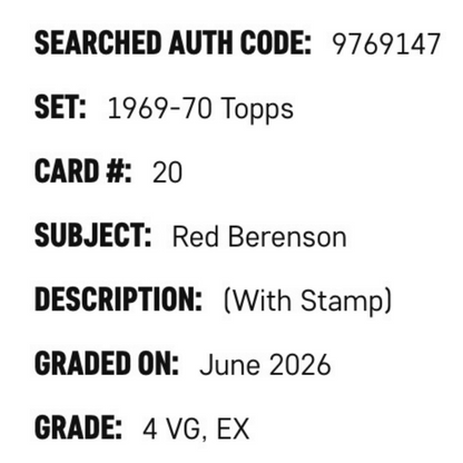 Red Berenson SGC 4 1969-70 Topps - With Stamp Card #20