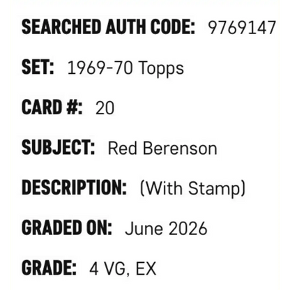 Red Berenson SGC 4 1969-70 Topps - With Stamp Card #20