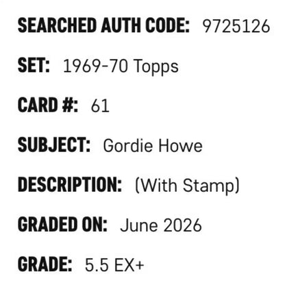 Gordie Howe SGC 5.5 1969-70 Topps - With Stamp Card #61