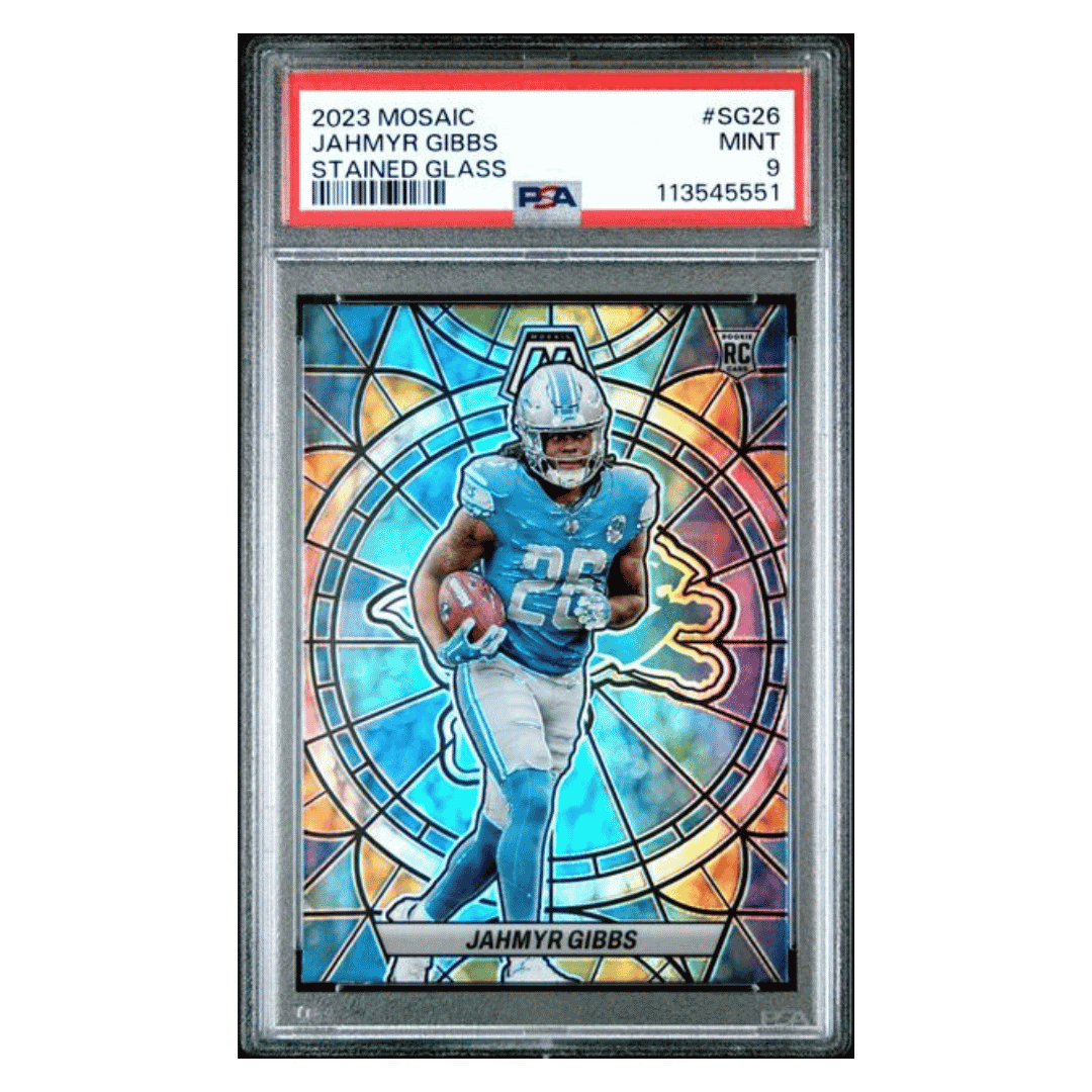 Jahmyr Gibbs PSA 9 2023 Panini Mosaic Stained Glass Case Hit Card #SG26