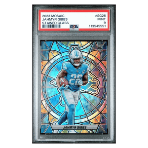 Jahmyr Gibbs PSA 9 2023 Panini Mosaic Stained Glass Case Hit Card #SG26
