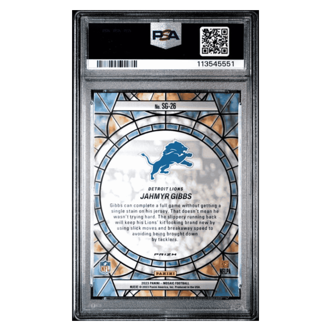 Jahmyr Gibbs PSA 9 2023 Panini Mosaic Stained Glass Case Hit Card #SG26