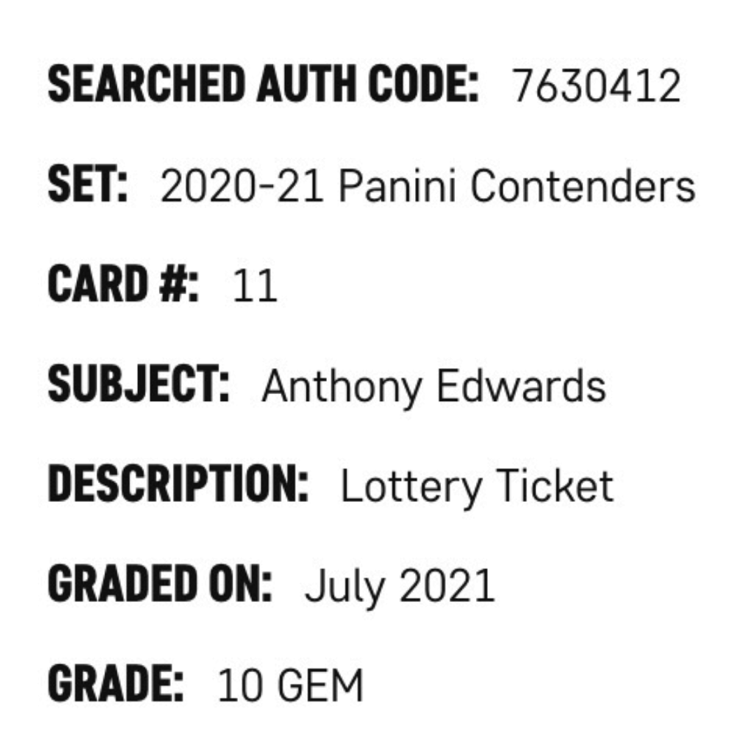 Anthony Edwards SGC 10 2020-21 Panini Contenders Lottery Ticket Card #11