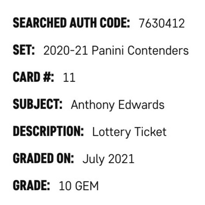 Anthony Edwards SGC 10 2020-21 Panini Contenders Lottery Ticket Card #11