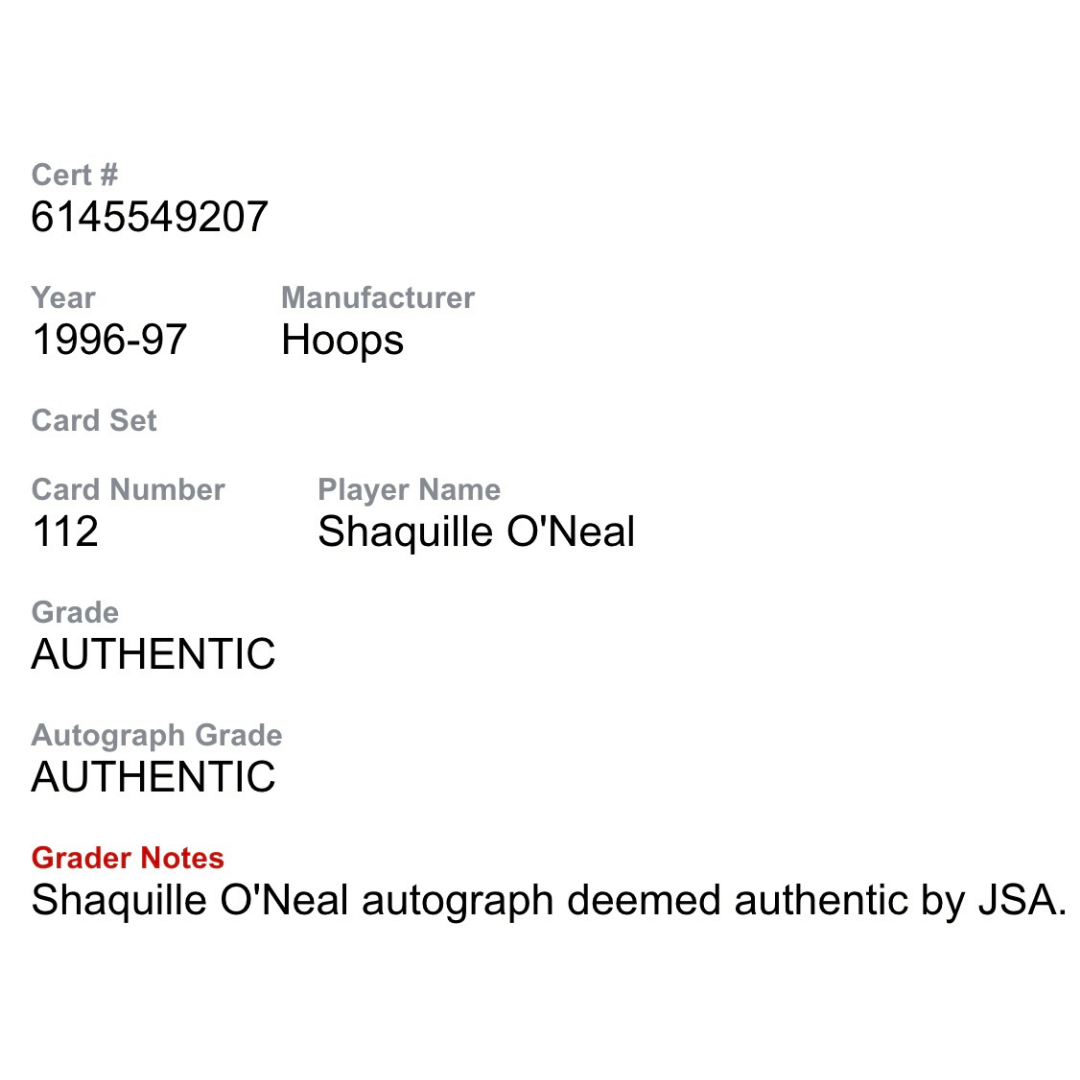Shaquille O'Neal 1996 Skybox NBA Hoops Autographed Card #112