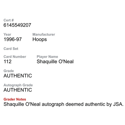 Shaquille O'Neal 1996 Skybox NBA Hoops Autographed Card #112