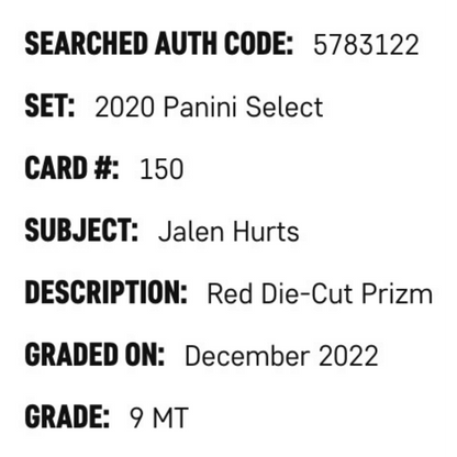 Jalen Hurts SGC 9 2020 Panini Select Red Die- Cut Prizm Card #150