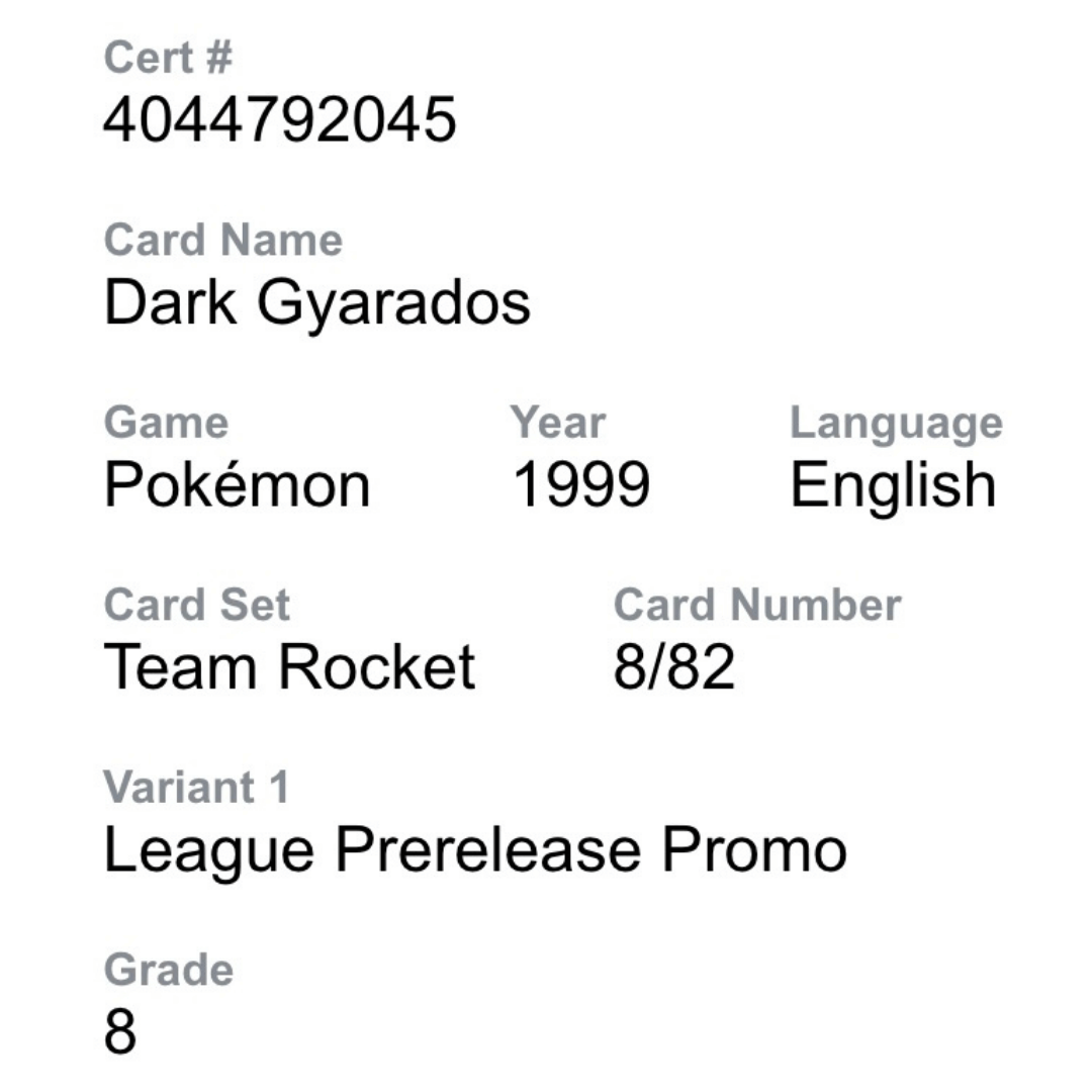 Dark Gyarados PSA 8 1999 Pokemon Team Rocket - Unlimited - League Prerelease Promo Card #8/82