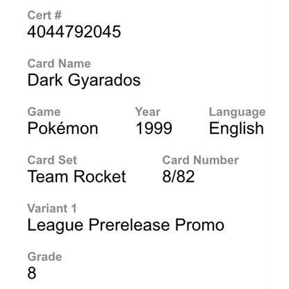 Dark Gyarados PSA 8 1999 Pokemon Team Rocket - Unlimited - League Prerelease Promo Card #8/82