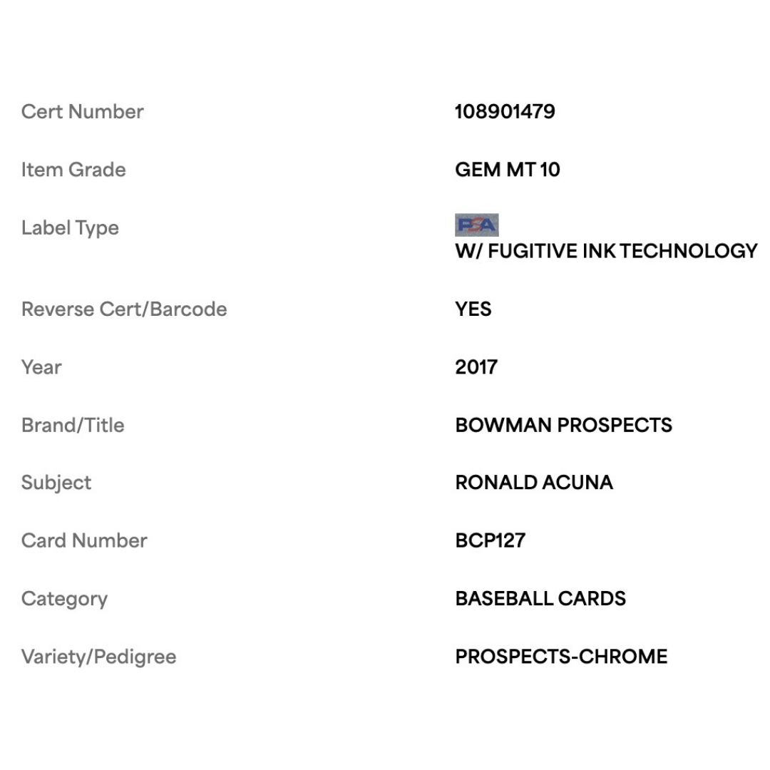 Ronald Acuna PSA 10 2017 Bowman Prospects Chrome Card #BCP127