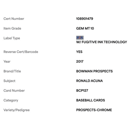 Ronald Acuna PSA 10 2017 Bowman Prospects Chrome Card #BCP127